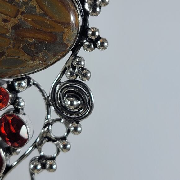 Handmade Silver Pendant With Fossil Coral Gemstone & Faceted Red Garnet Accent - Picture 6 of 10